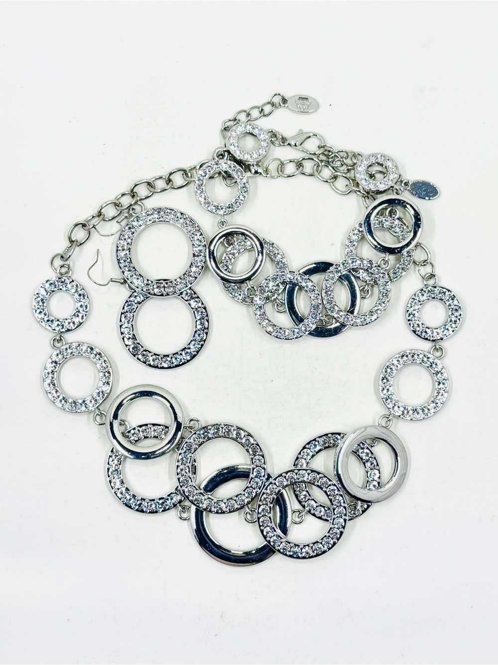 Silver Tone Crystal Rhinestone Circle Statement Necklace Bracelet & Earrings Set